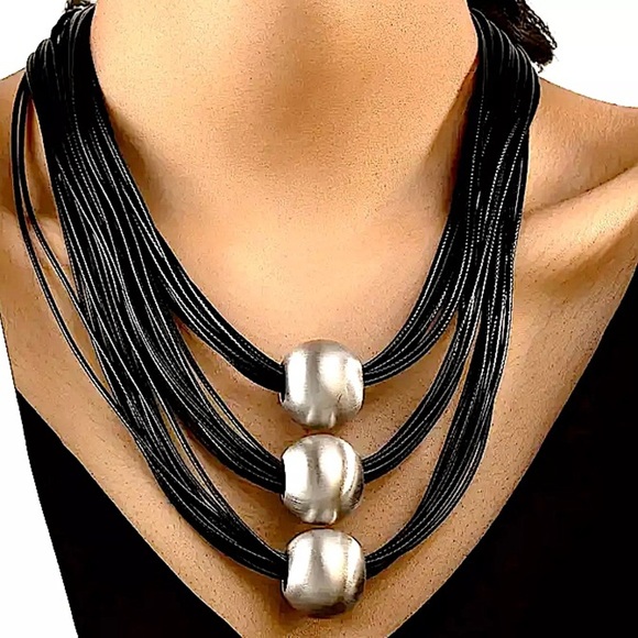 Multilayer Silver Black Ball Statement Necklace - Picture 5 of 9